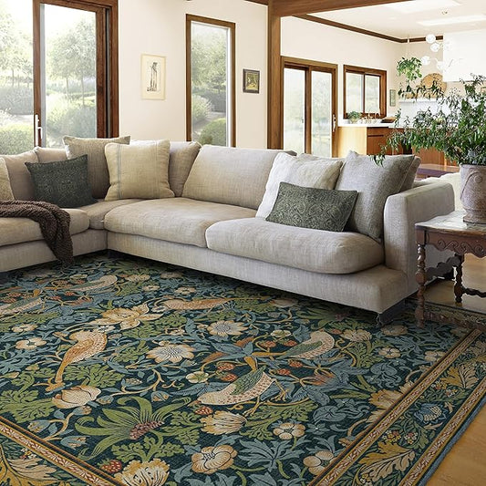 RUGGABLE x Morris & Co Washable Area Rug– Strawberry Thief Indigo 8x10, Stain-Resistant, Non-Slip – Large Machine Washable Rugs for Living Room, Bedroom, Hallway, Entryway & Office–with Cushioned Pad