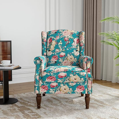 Wingback Accent Chair, High Back Upholstered Armchair, Floral Fabric Wingback Arms Chairs with Retro Solid Wood Legs, Single Sofa Reading Chair for Bedroom Living Room, Peacock Blue
