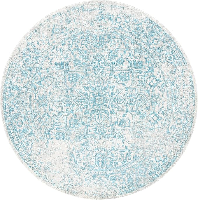 SAFAVIEH Evoke Collection Area Rug - 3' Round, Ivory & Aqua, Distressed Design, Non-Shedding & Easy to Clean, Ideal for Foyer, Bedroom, Accent Space (EVK256J)