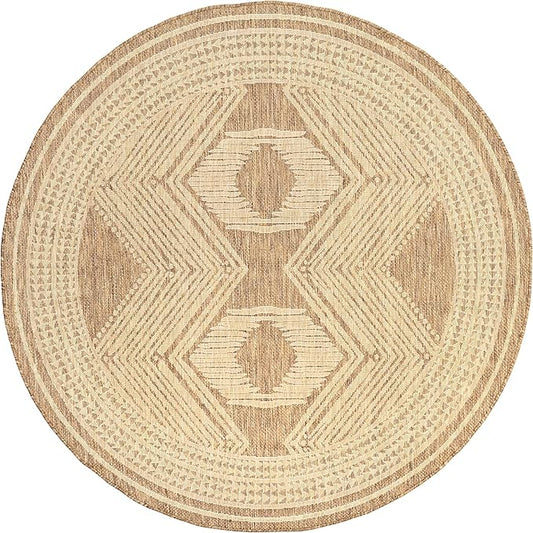 nuLOOM Ranya Light Brown/Ivory, 8' Round, Tribal Geometric, Soft and Cozy, High Traffic, Stain Resistant, Easy Clean, Durable Area Rug for Indoor/Outdoor Patio, Deck, Porch, Garden, Courtyard