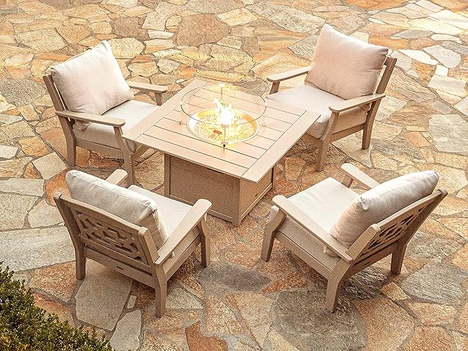 Martha Stewart by POLYWOOD Chinoiserie Outdoor Deep Seating Chair with Cushion, Slate Grey/Natural Linen, Durable and Comfortable HDPE All-Weather Patio Furniture for Deck, Backyard, Made in The USA