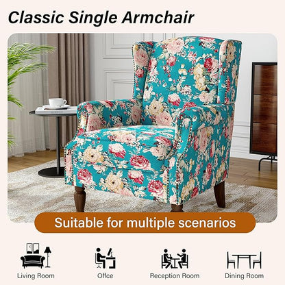 Wingback Accent Chair, High Back Upholstered Armchair, Floral Fabric Wingback Arms Chairs with Retro Solid Wood Legs, Single Sofa Reading Chair for Bedroom Living Room, Peacock Blue
