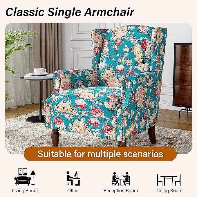 Wingback Accent Chairs Set of 2, High Back Upholstered Armchair, Floral Fabric Wingback Arms Chairs with Retro Solid Wood Legs, Single Sofa Reading Chair for Bedroom Living Room, Peacock Blue