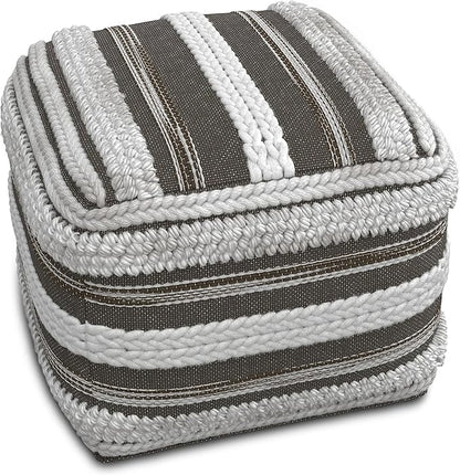 SIMPLIHOME Sommer Boho Square Pouf in Natural/Taupe Grey Handloom Woven Pattern for the Living Room, Bedroom and Kids Room