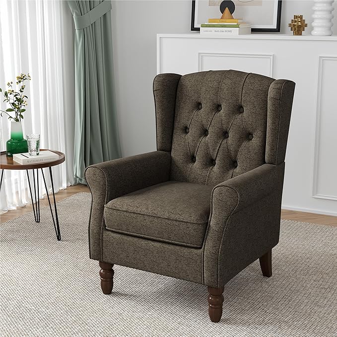 High Back Accent Chair, High Wingback Chair for Living Room, Button-Tufted Upholstered Fabric Armchair with Solid Wood Legs, Comfy Single Sofa Reading Chair for Bedroom, Taupe