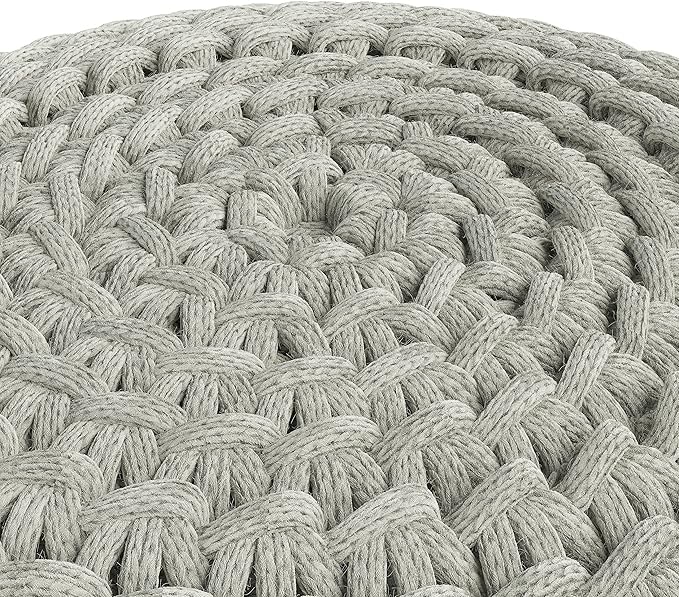 SIMPLIHOME Nisi Boho Round Knitted Outdoor/ Indoor Pouf in Light Grey Recycled PET Polyester for the Living Room, Bedroom and Kids Room