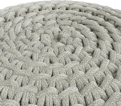 SIMPLIHOME Nisi Boho Round Knitted Outdoor/ Indoor Pouf in Light Grey Recycled PET Polyester for the Living Room, Bedroom and Kids Room