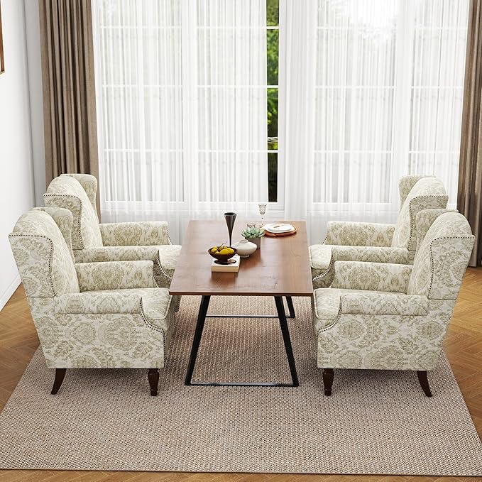 Accent Chair, Upholstered High Back Floral Armchair with Nailhead Trim & Wood Legs, Comfy Wingback Reading Single Sofa Chair for Small Spaces, Living Room, Bedroom ( Light Brown Floral, Set of 2)
