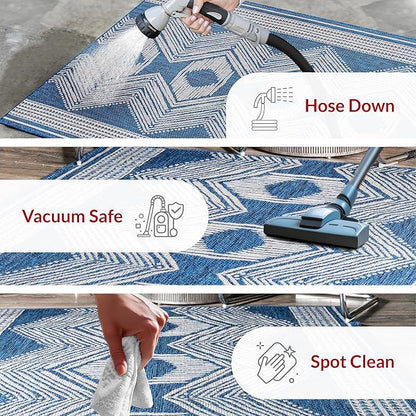 nuLOOM 2' x 3' Outdoor Tribal Geometric Area Rug, Stain Resistant, Weather Resistant, High Traffic, Patio, Balcony, Outside, Ranya Blue