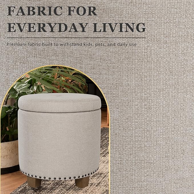 Homepop Home Decor | Upholstered Round Storage Ottoman with Nailheads| Ottoman with Storage for Living Room & Bedroom, Light Brown Fabric