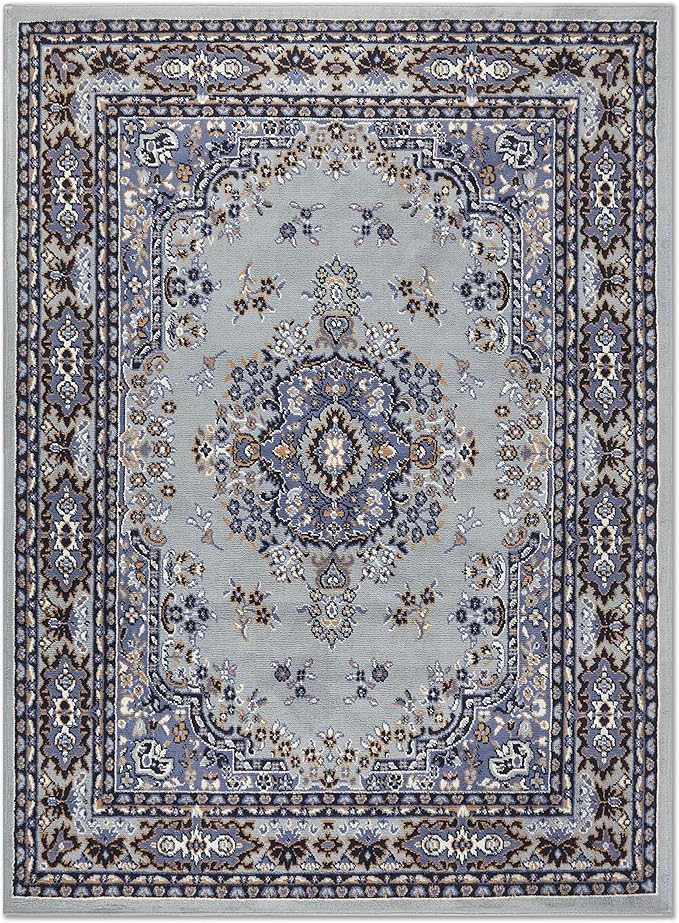 Home Dynamix Premium Sakarya Traditional Medallion Border Area Rug, Silver, 7'8"x10'7" Rectangle