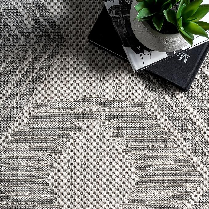 nuLOOM 10' x 13' Outdoor Tribal Geometric Area Rug, Stain Resistant, Weather Resistant, High Traffic, Patio, Balcony, Outside, Ranya Light Grey