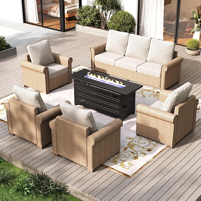 Patio Furniture Set 6 pcs, Wicker Rattan Sofa and Chairs with 5.5" Thick Waterproof Cushions, 56" Fire Pit Table, All Weather Outdoor Conversation Set for Backyard Deck, 7 Seats Beige