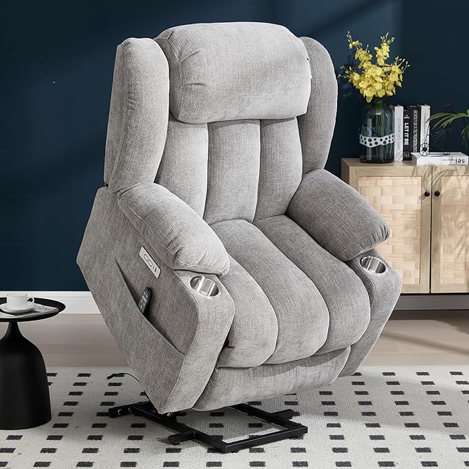 Power Lift Chair for Elderly, Electric Recliner Chair with 8-Point Vibration Massage and Lumbar Heating, Charging Ports, Cup Holders, Standing Assistance Reclining - Light Gray