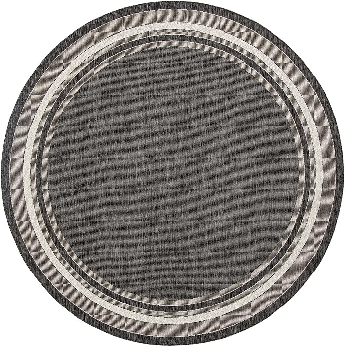 Unique Loom Outdoor Border Collection Area Rug - Soft Border (10' Round Black/Ivory)