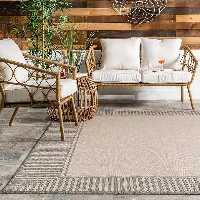nuLOOM 9' x 12' Outdoor Area Rug, Casual Design with Striped Border, Stain Resistant, Highly Durable, for Patio, Balcony, Bedroom, Living Room, Dining Room, Bathroom, Light Grey