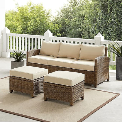 Crosley Furniture Bradenton 3-Piece Outdoor Sofa Patio Furniture Set, Wicker Conversation Sets for Porch, Brown with Sand Cushions