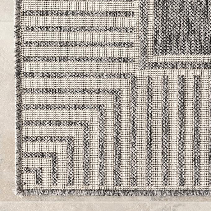 nuLOOM 9'6" x 12' Outdoor Area Rug, Casual Design with Striped Border, Stain Resistant, Highly Durable, for Patio, Balcony, Bedroom, Living Room, Dining Room, Bathroom, Steel