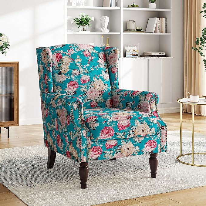 Pia Ricco Set of 2 Floral Accent Chairs, High Back Upholstered Armchairs with Retro Wingback Design, Nailhead Trim & Solid Wood Legs for Living Room Bedroom(Peacock Blue)