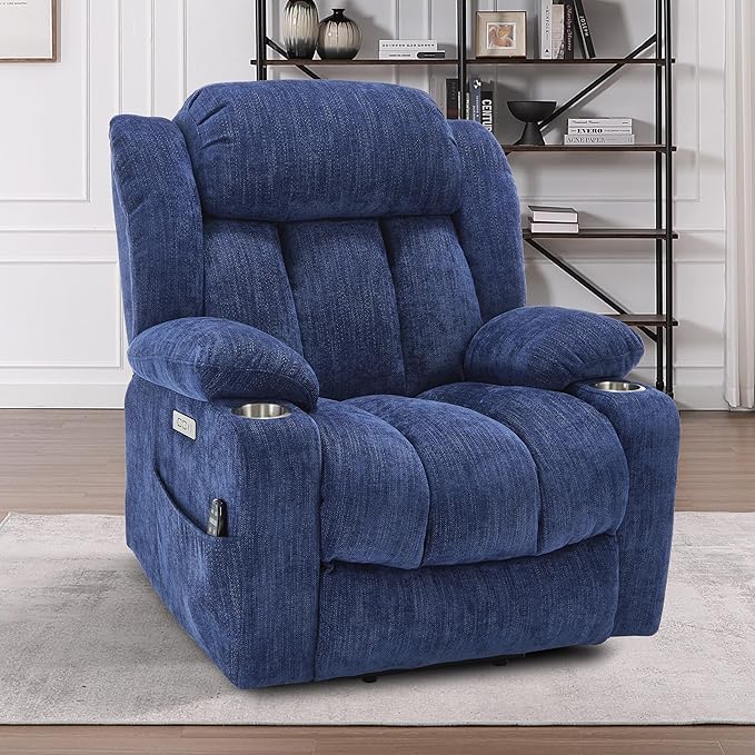 Power Lift Chair for Elderly, Electric Recliner Chair with 8-Point Vibration Massage and Lumbar Heating with Charging Ports, Cup Holders, Standing Assistance Reclining - Bright Blue