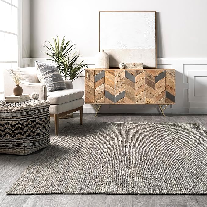 nuLOOM 6x9 Rigo Jute Hand Woven Area Rug, Grey, Solid Farmhouse Design, Natural Fiber, For Bedroom, Living Room, Dining Room, Hallway, Office, Kitchen, Entryway