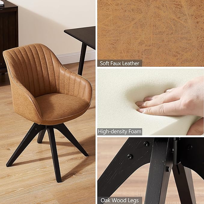 Zouron Mid Century Modern Accent Chair with Black Oak Wood Legs, Upholstered Swivel Chair No Wheels, Side Accent Armchair Vanity Chair for Small Space Home Office Living Room Bedroom, Brown