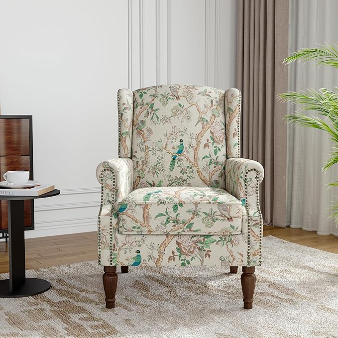 Wingback Accent Chair, High Back Upholstered Armchair, Printed Fabric Wingback Arms Chairs with Wood Legs, Single Sofa Reading Chair for Bedroom Living Room, Bird