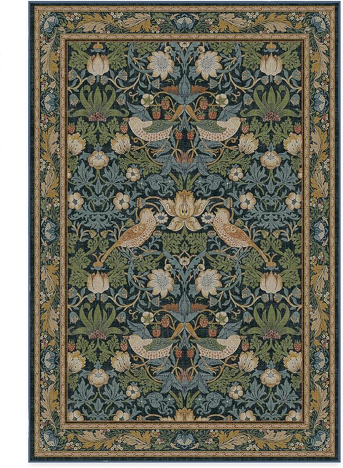 RUGGABLE x Morris & Co Washable Area Rug– Strawberry Thief Indigo 6x9, Stain-Resistant, Non-Slip – Medium Machine Washable Rugs for Living Room, Bedroom, Hallway, Entryway & Office–with Cushioned Pad