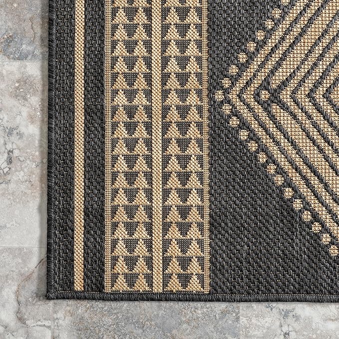 nuLOOM 10' x 13' Outdoor Tribal Geometric Area Rug, Stain Resistant, Weather Resistant, High Traffic, Patio, Balcony, Outside, Ranya Dark Grey