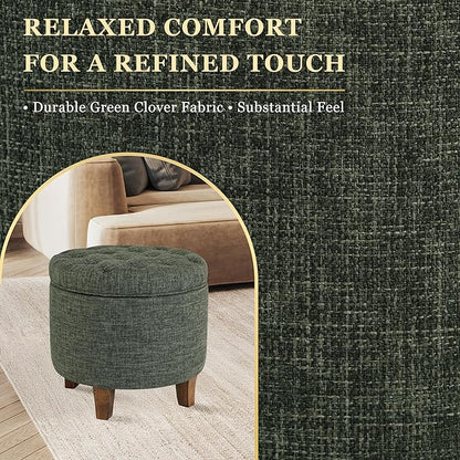 Homepop Home Decor | Upholstered Round Tufted Foot Rest Ottoman | Ottoman with Storage for Living Room & Bedroom | Decorative Home Furniture, Green Clover Fabric