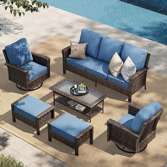 HERA'S HOUSE High Back Patio Furniture Set with Swivel Chairs, All Weather Outdoor Wicker Sofa Set, 6 Pieces Patio Conversation Sets with 5.5" Comfy Cushions for Lawn Deck Backyard, Navy Blue