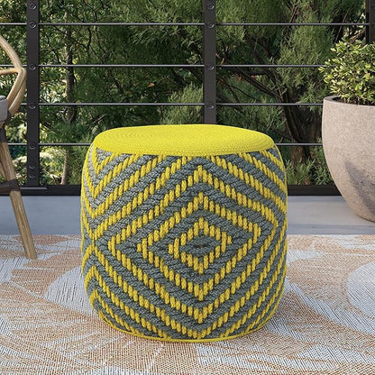 SIMPLIHOME Kent Boho Round Woven Outdoor/ Indoor Pouf in Grey and Yellow Recycled PET Polyester for the Living Room, Bedroom and Kids Room