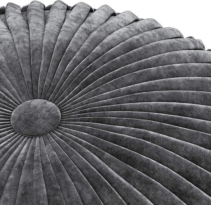 SIMPLIHOME Renee Boho Round Pouf in Slate Grey Velvet Fabric for the Living Room, Bedroom and Kids Room