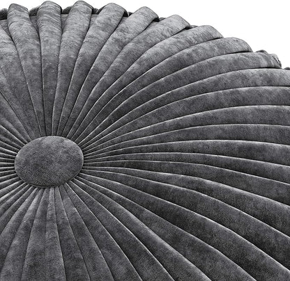 SIMPLIHOME Renee Boho Round Pouf in Slate Grey Velvet Fabric for the Living Room, Bedroom and Kids Room