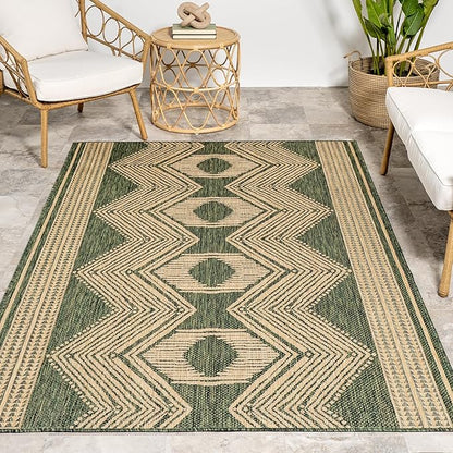 nuLOOM 6' 7" x 9' Outdoor Tribal Geometric Area Rug, Stain Resistant, Weather Resistant, High Traffic, Patio, Balcony, Outside, Ranya Green