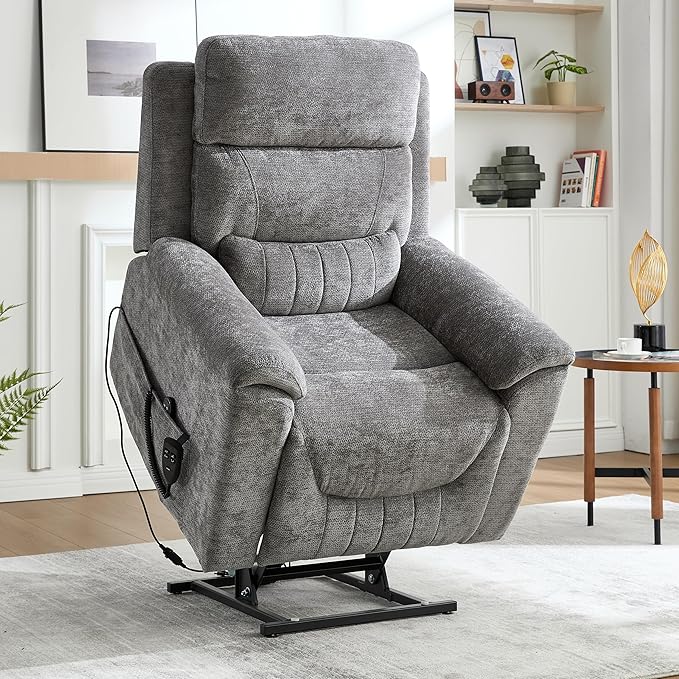 Power Lift Recliner Chair for Elderly People, Dual Motor Lay Flat Recliner with Vibration Massage and Heat, Heavy Duty Motion Mechanism Standing Assistance Reclining Chair, Chenille Fabric Dark Gray