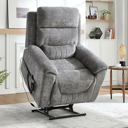 Power Lift Recliner Chair for Elderly People, Dual Motor Lay Flat Recliner with Vibration Massage and Heat, Heavy Duty Motion Mechanism Standing Assistance Reclining Chair, Chenille Fabric Dark Gray