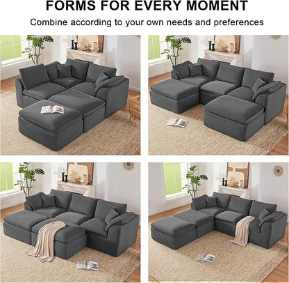 112" Cloud Sectional Couch, Boneless Couches for Living Room, U Shaped Couch with Convertible Ottoman, Modular Sectional Sofa with Deep Seat, Comfy Soft Cushions, No Assembly, Gray