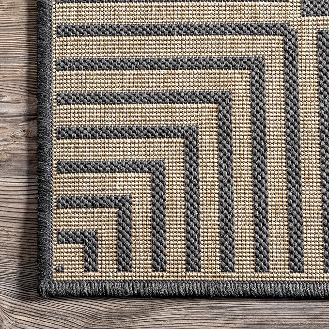 nuLOOM 9'6" x 12' Outdoor Area Rug, Casual Design With Striped Border, Stain Resistant, Highly Durable, For Patio, Balcony, Bedroom, Living Room, Dining Room, Bathroom, Dark Grey