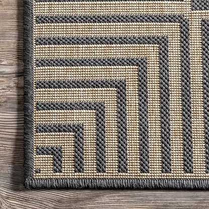 nuLOOM 9'6" x 12' Outdoor Area Rug, Casual Design With Striped Border, Stain Resistant, Highly Durable, For Patio, Balcony, Bedroom, Living Room, Dining Room, Bathroom, Dark Grey