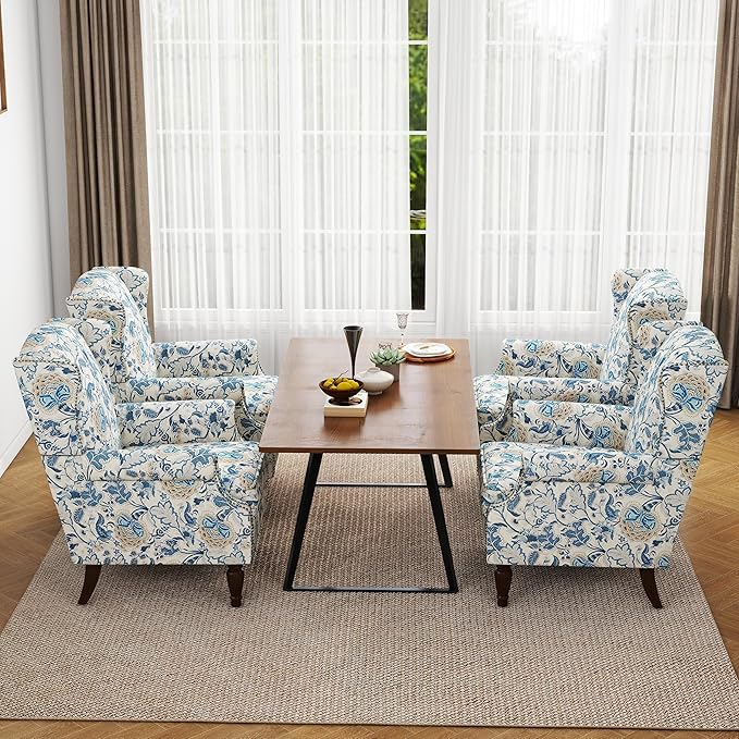 Accent Chair, Upholstered High Back Floral Armchair with Nailhead Trim & Wood Legs, Comfy Wingback Reading Single Sofa Chair for Small Spaces, Living Room, Bedroom ( Boho Blue Floral, Set of 2)