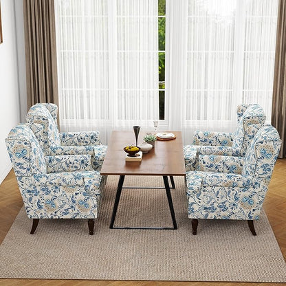 Accent Chair, Upholstered High Back Floral Armchair with Nailhead Trim & Wood Legs, Comfy Wingback Reading Single Sofa Chair for Small Spaces, Living Room, Bedroom ( Boho Blue Floral, Set of 2)