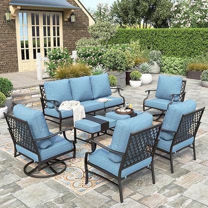 HERA'S HOUSE 7 Piece Patio Furniture Set, 2 x Swivel Chair, 2 x Leg Chair, 2 x Ottoman, 1 x 3-Seat Sofa, All Cushioned 9 Seats Metal Outdoor Conversation Set for Lawn Garden Backyard
