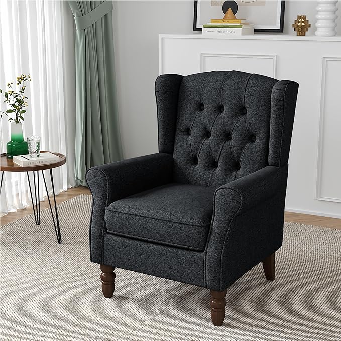 High Back Accent Chair, High Wingback Chair for Living Room, Button-Tufted Upholstered Fabric Armchair with Solid Wood Legs, Comfy Single Sofa Reading Chair for Bedroom, Dark Navy