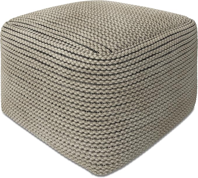 SIMPLIHOME Eastmont Boho Square Pouf in Cream Polystyrene Filling for the Living Room, Bedroom and Kids Room