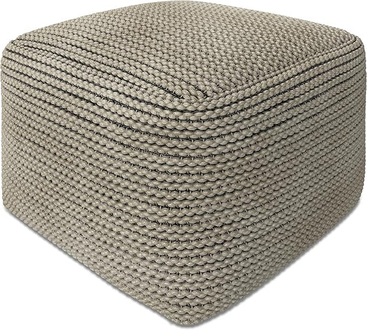 SIMPLIHOME Eastmont Boho Square Pouf in Cream Polystyrene Filling for the Living Room, Bedroom and Kids Room