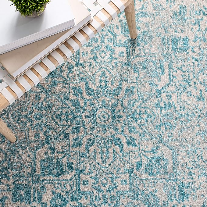 SAFAVIEH Evoke Collection Area Rug - 6'7" Square, Ivory & Aqua, Distressed Design, Non-Shedding & Easy to Clean, Ideal for Living Room, Bedroom, Dining Space (EVK256J)