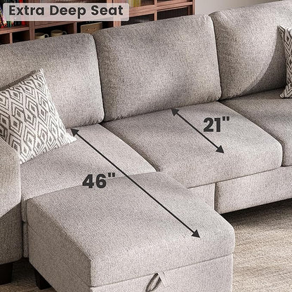 Sectional Sofa and Couches for Living Room, 78'' Brown 3 Seat L-Shaped Couch with Movable Ottoman, Comfy Linen Convertible Sectionals Sofas with Chaise for Apartment, Office, Small Space