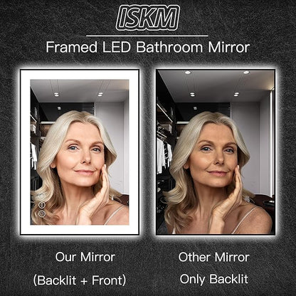 ISKM Framed LED Mirror for Bathroom 72"x32", Dimmable LED Bathroom Mirror with Lights, Anti-Fog, Front and Backlit Lighted Mirror 3-Colors, Shatterproof, Memory Function