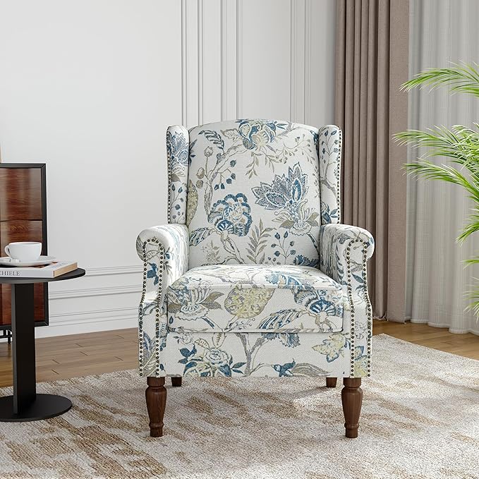 Floral Wingback Accent Chair, High Back Upholstered Armchair, Comfy Fabric Wingback Arms Chairs with Retro Solid Wood Legs, Single Sofa Reading Chair for Bedroom Living Room, Plants Blue